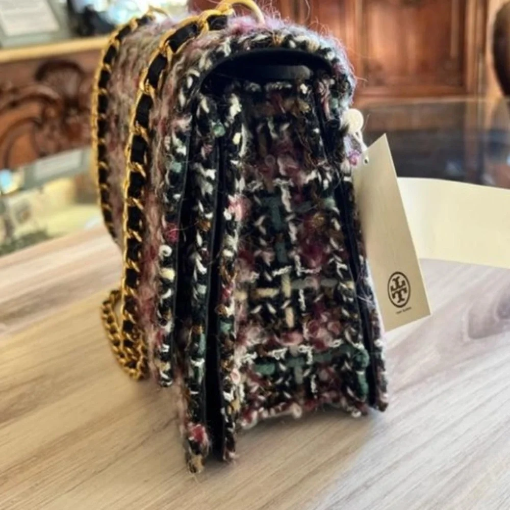 Tory Burch Chain Britten Medium Adjustable Multi Black Tweed Shoulder Bag - Picture 2 of 5